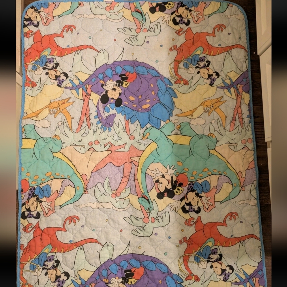 Vintage Disney Mickey Minnie Mouse Stone Age Dinosaur Baby Crib Blanket Usa